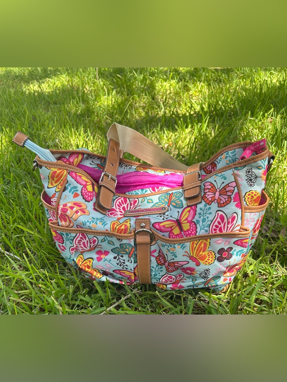 Lily Bloom Butterfly Print Tote in Blue, Pink & Tan
